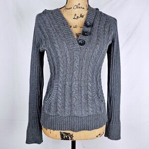 Sonoma Life Style Gray Cable Knit Hooded Sweater Button Accent Pockets Size S